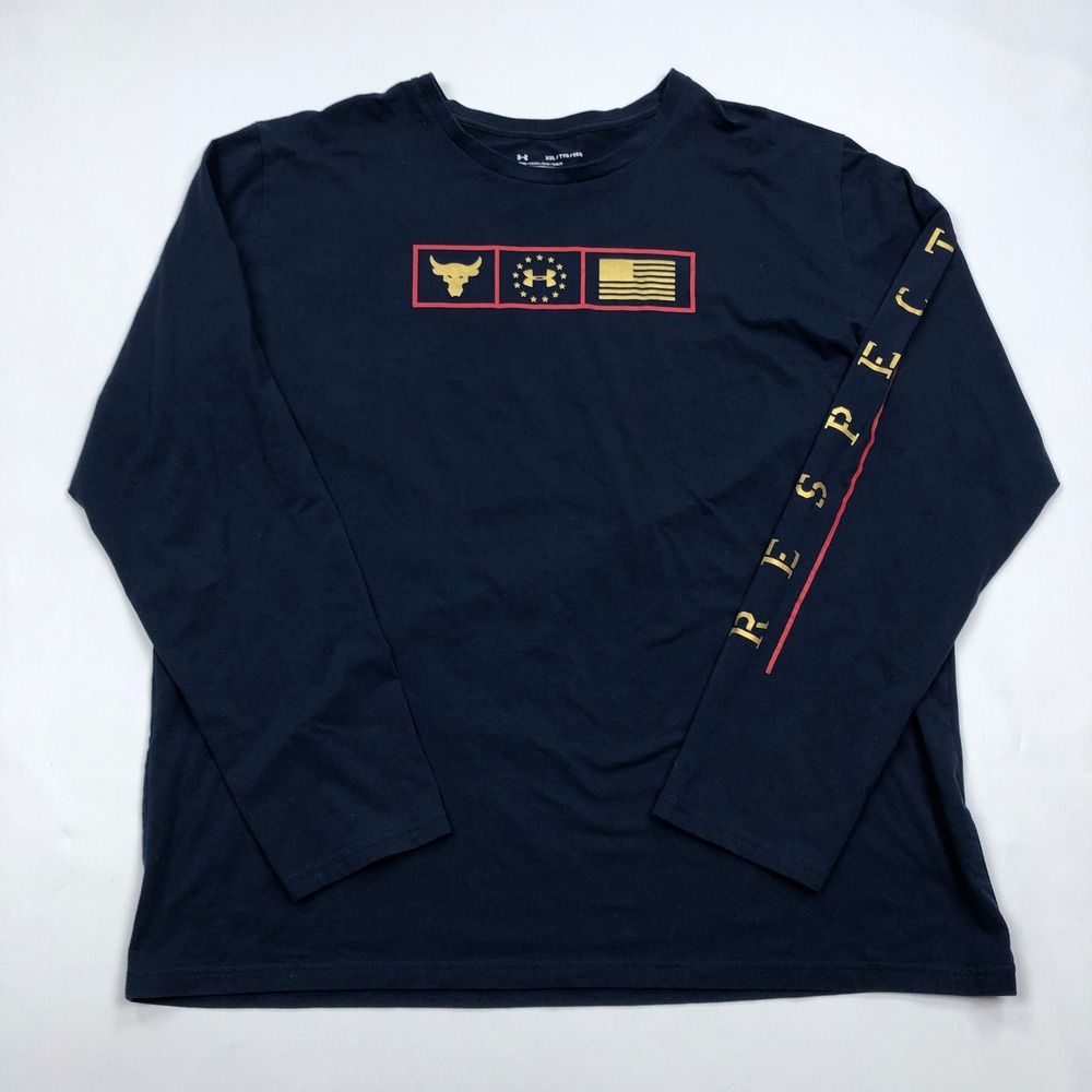 Under Armour Project Rock Mens XXL Navy Blue Respect Long Sleeve Shirt HeatGear